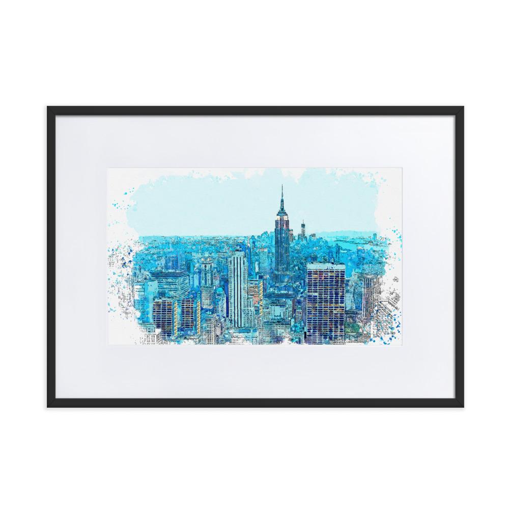 New York in Blau - Poster im Rahmen mit Passepartout Kuratoren von artlia schwarz / 50×70 cm artlia