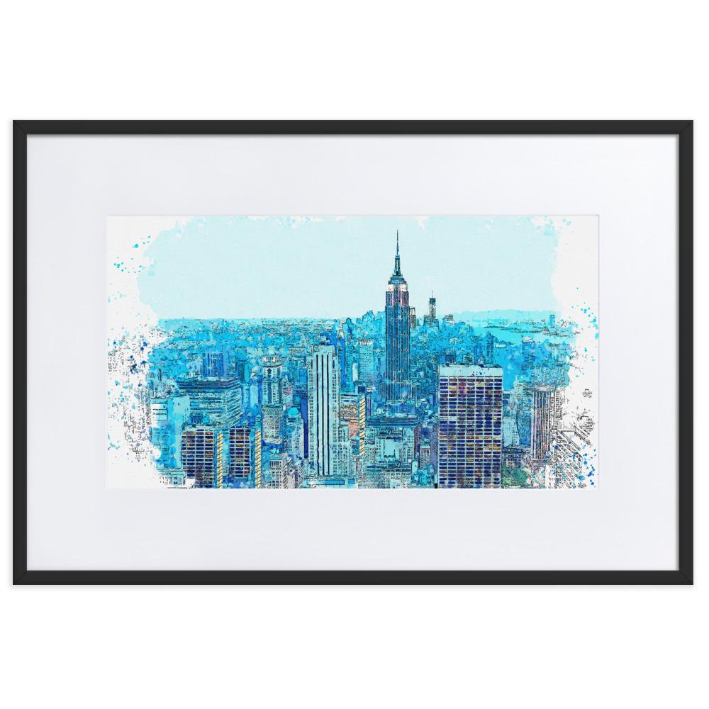 New York in Blau - Poster im Rahmen mit Passepartout Kuratoren von artlia schwarz / 61×91 cm artlia