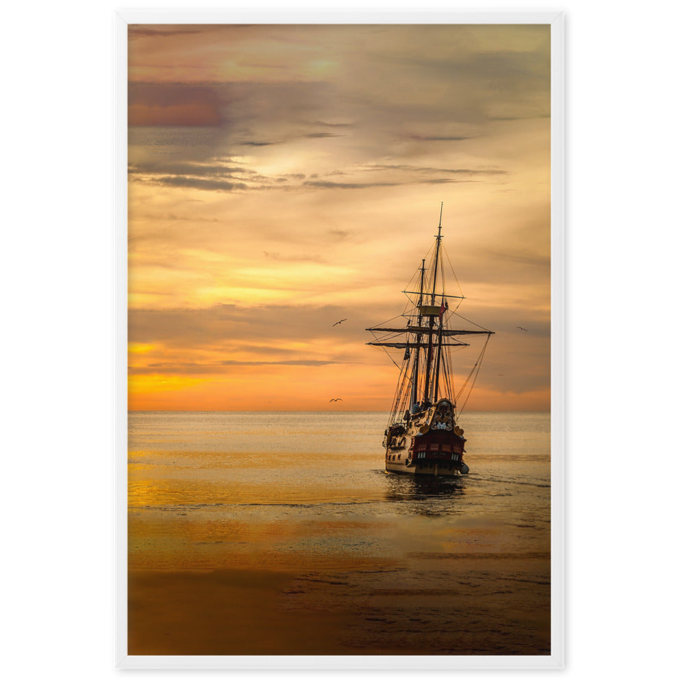 Poster mit Rahmen - Schiff im Sonnenuntergang Kuratoren von artlia Weiß / 61×91 cm artlia